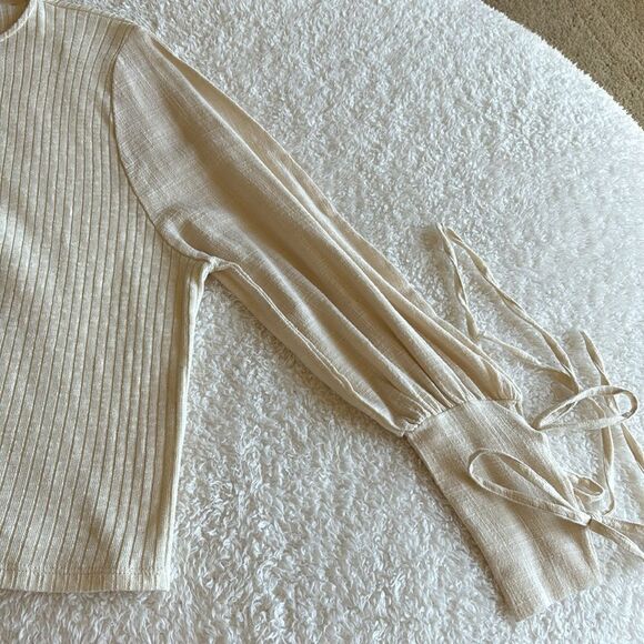Zara Cream sweater ribbed knit long balloon linen sleeves tie shirt size‎ medium - Picture 3 of 10